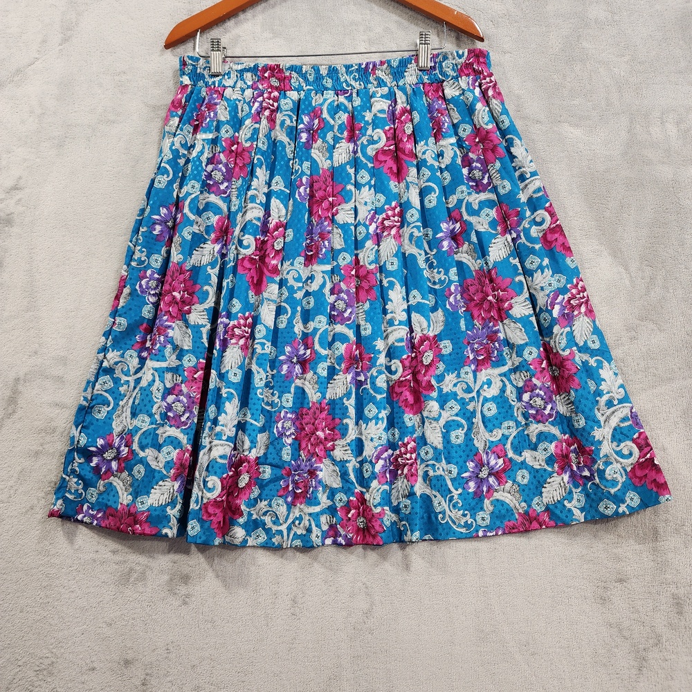 Vintage Pykettes Skirt Womens 18 Blue Floral Pleated Knee Length Elastic Pull On